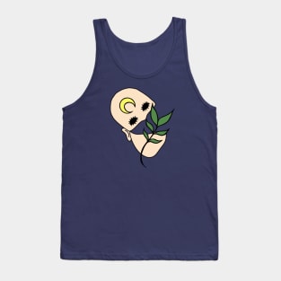 Surreal Black Eyed Plant Person with Crescent Moon Face Tattoo Tank Top